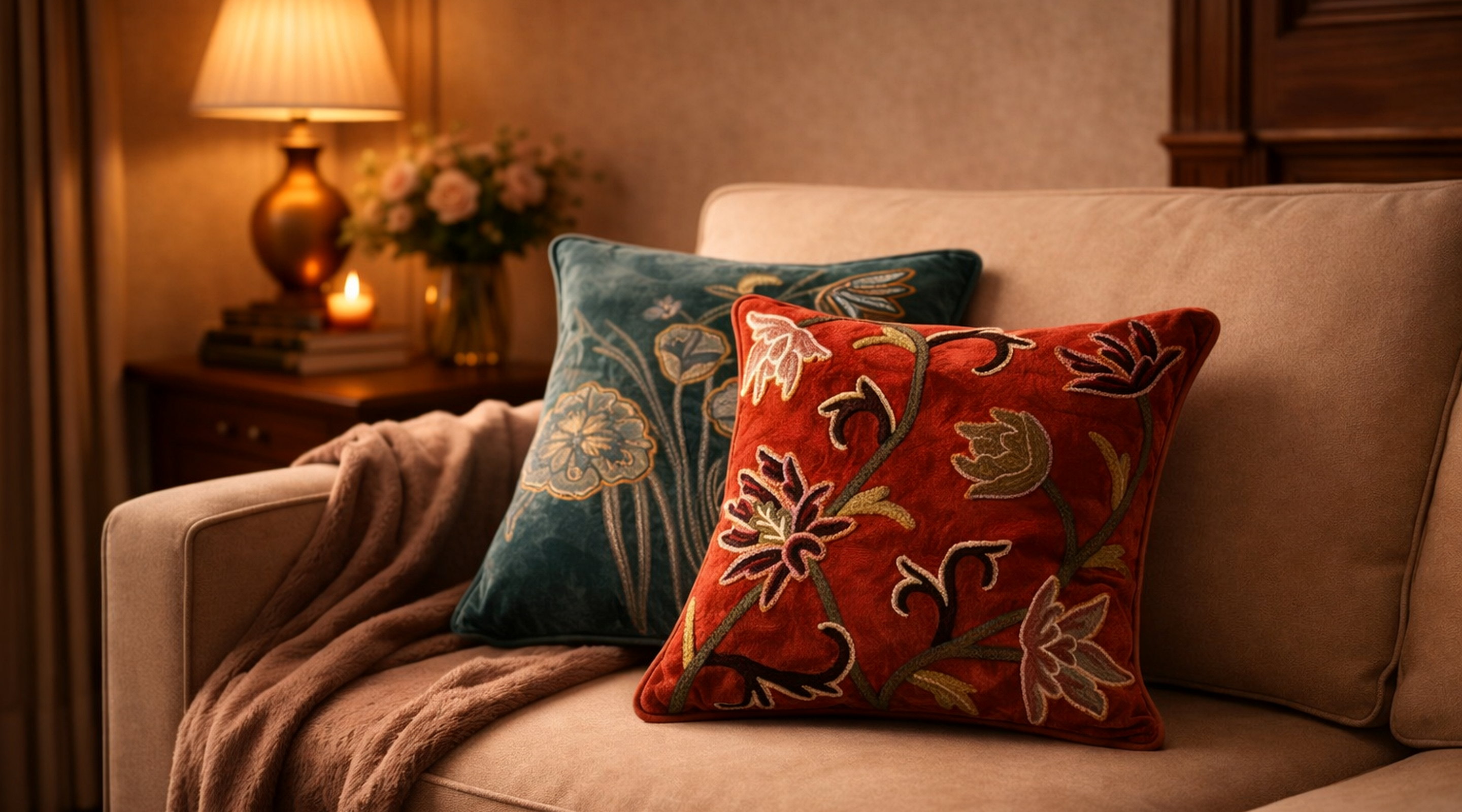 A softly lit interior with embroidered cushions and layered textiles.